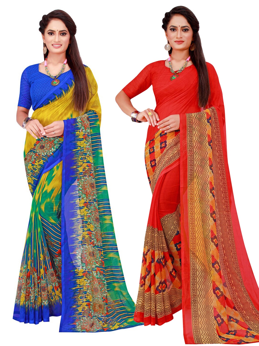 

SAADHVI Red & Yellow Printed Pure Georgette Saree Pack Of 2