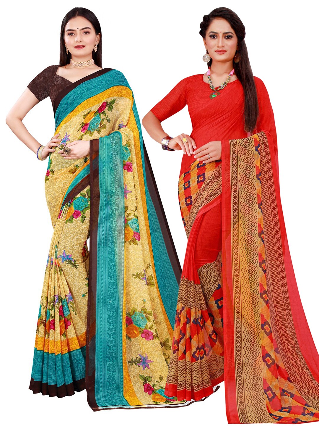 

SAADHVI Red & Beige Printed Pure Georgette Saree Pack Of 2