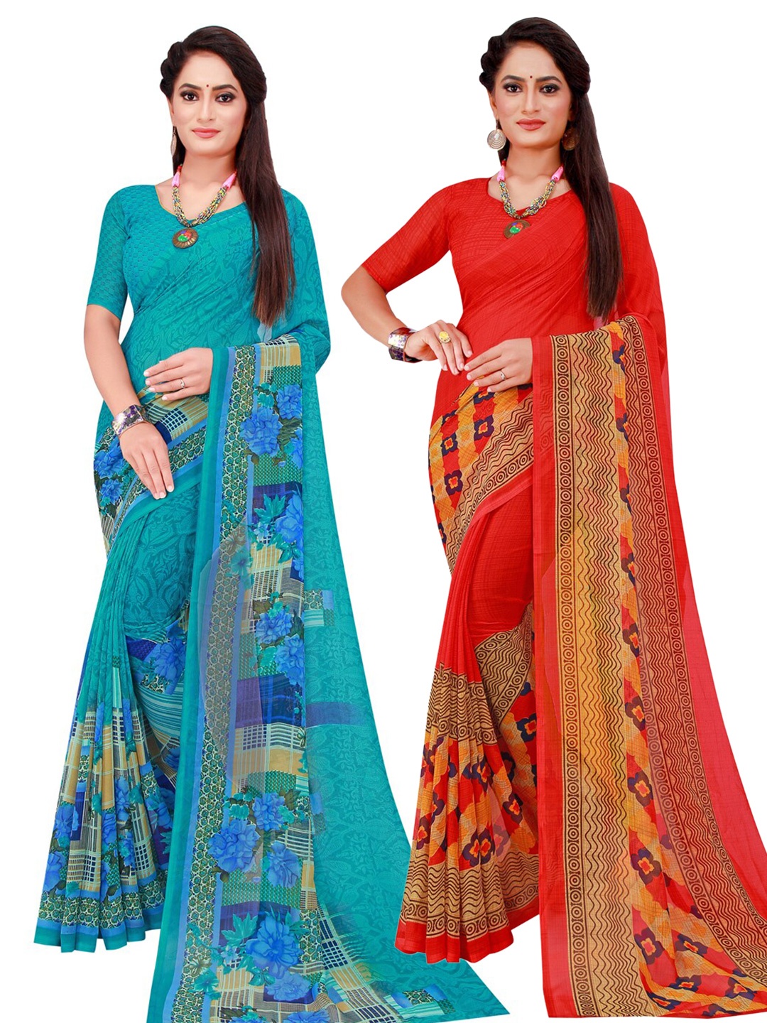 

SAADHVI Turquoise Blue & Red Printed Pure Georgette Saree Pack Of 2