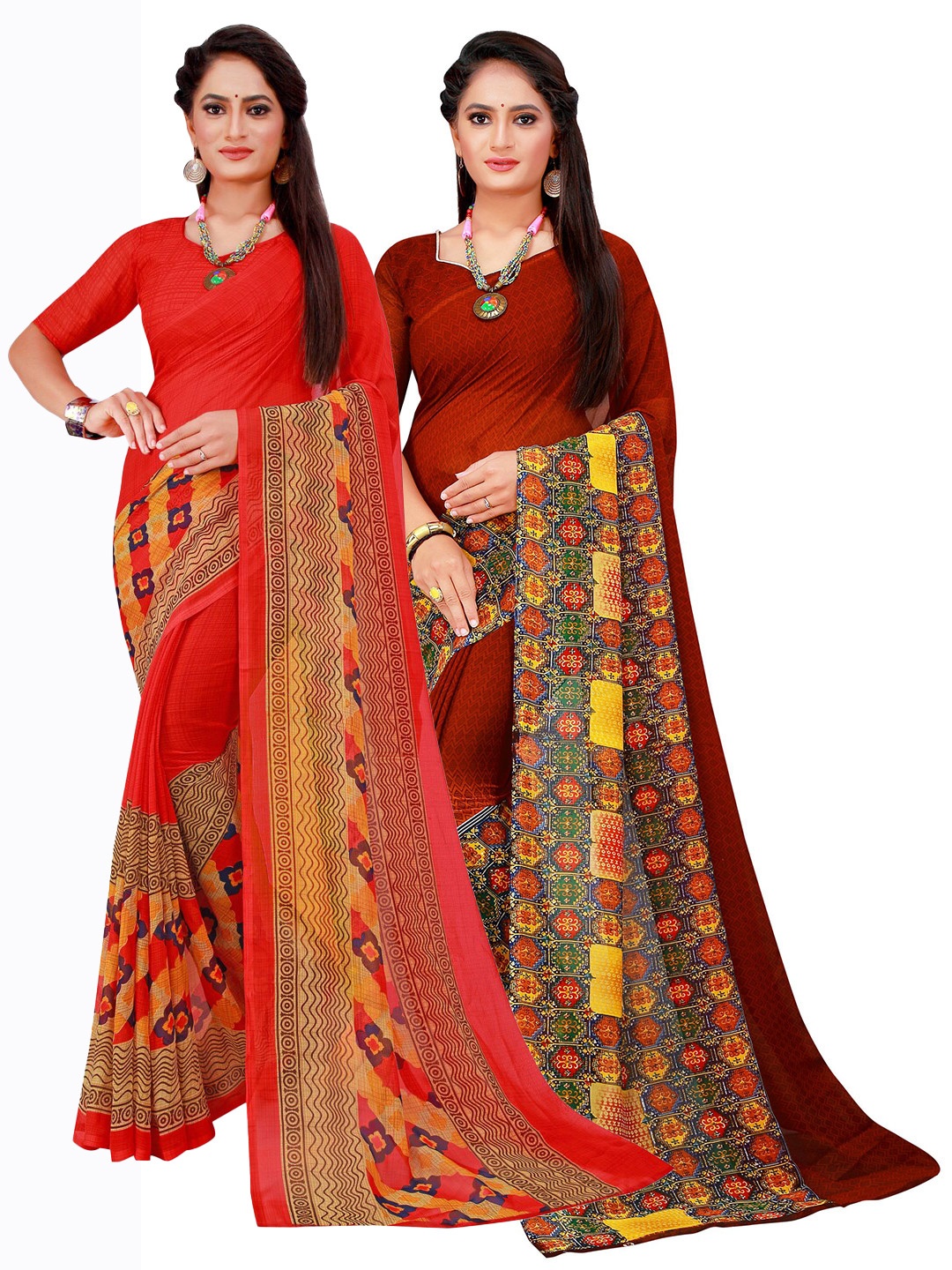 

SAADHVI Red & Maroon Set Of 2 Floral Pure Georgette Saree