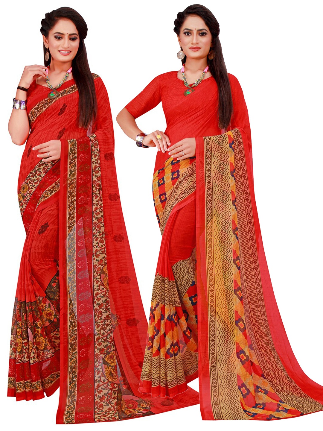 

SAADHVI Red Printed Pure Georgette Saree Pack Of 2