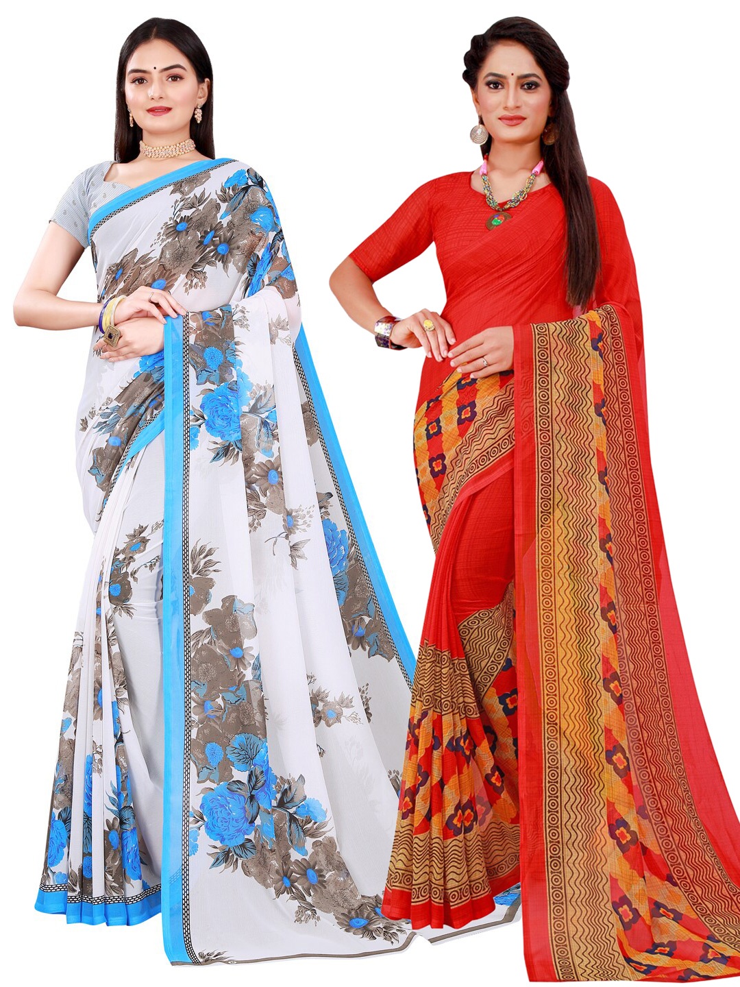 

SAADHVI Red & White Set of 2 Printed Pure Georgette Saree