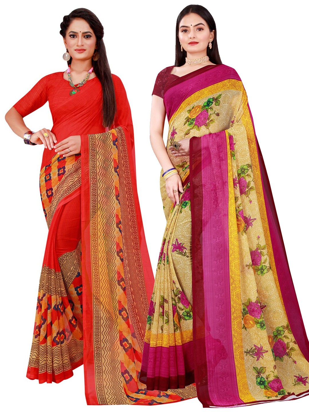 

SAADHVI Beige & Red Printed Pure Georgette Saree Pack Of 2