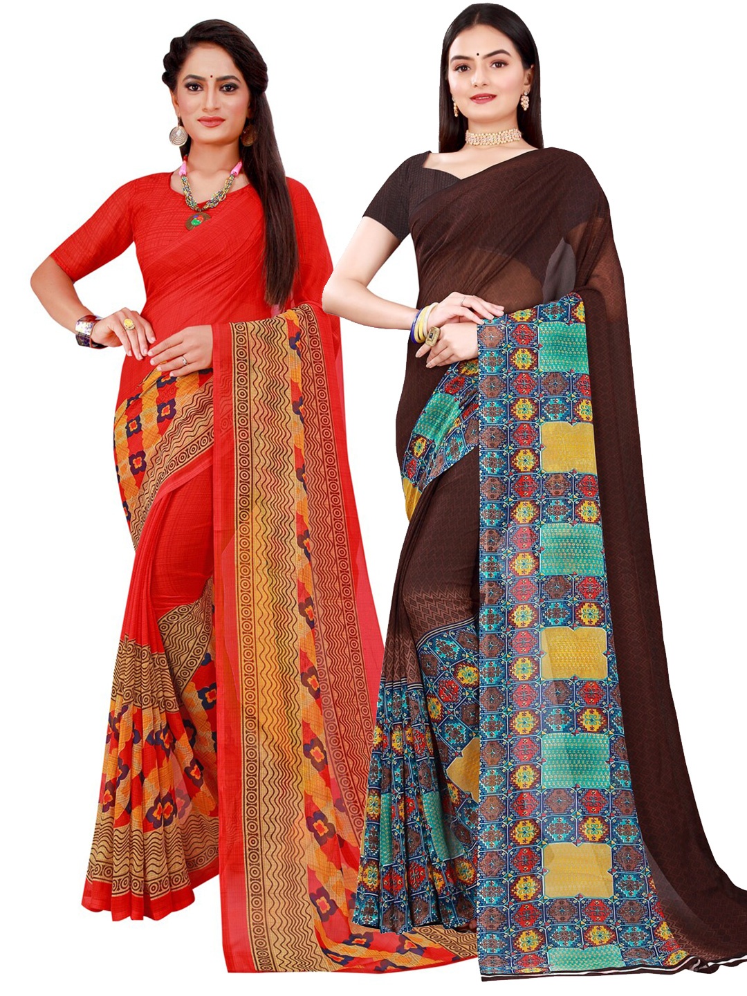 

SAADHVI Brown & Red Printed Pure Georgette Saree Pack Of 2