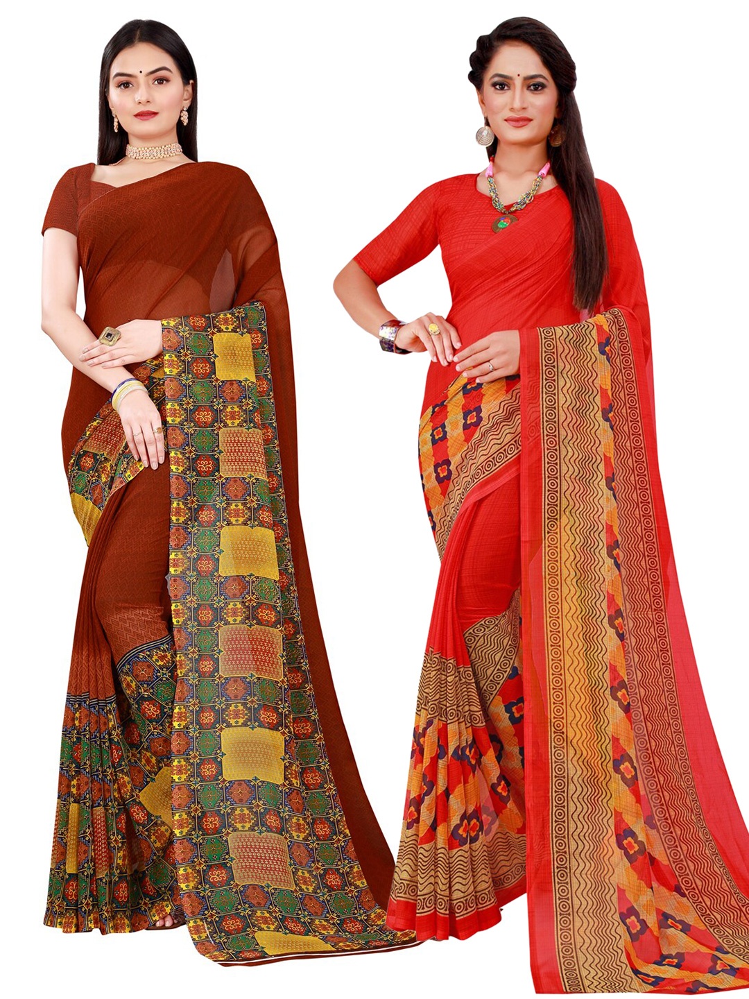 

SAADHVI Red & Maroon Set of 2 Printed Pure Georgette Saree