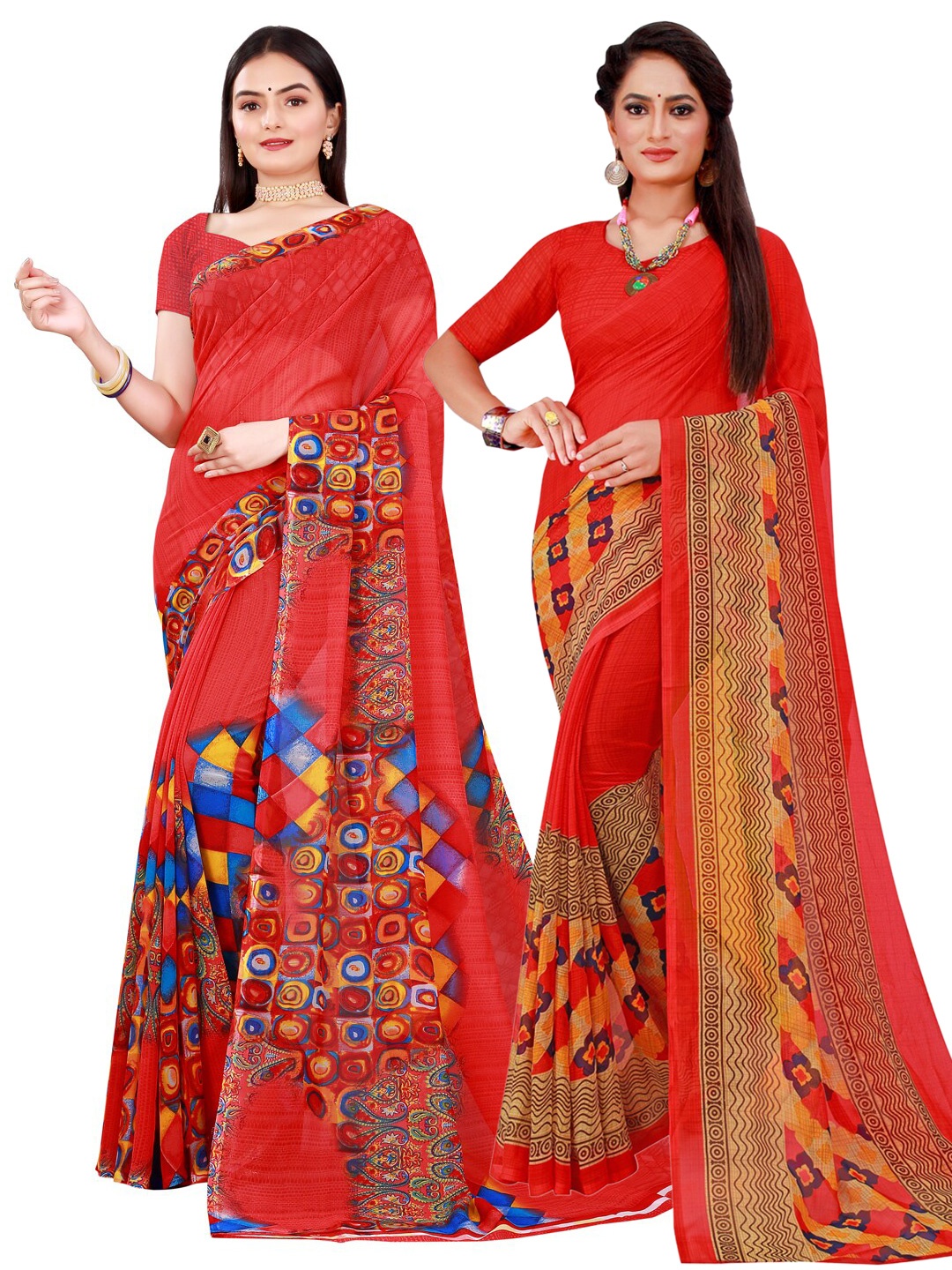 

SAADHVI Red & Blue Printed Pure Georgette Saree Pack Of 2