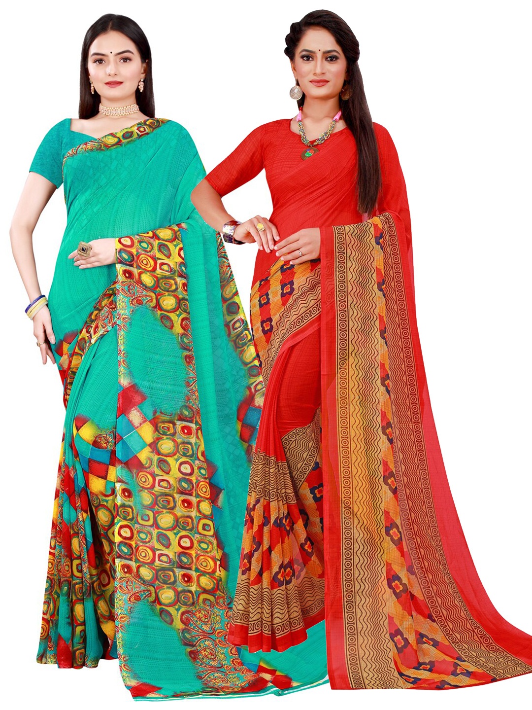 

SAADHVI Red & Blue Set Of 2 Floral Pure Georgette Saree