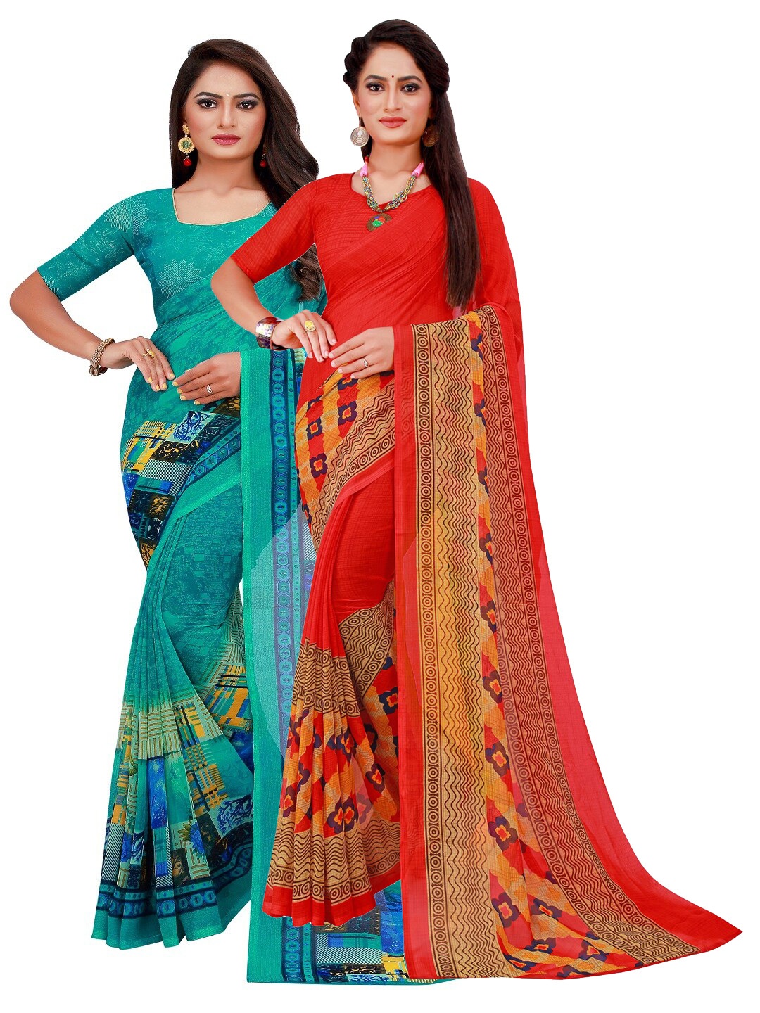 

SAADHVI Turquoise Blue & Red Set of 2 Printed Pure Georgette Saree