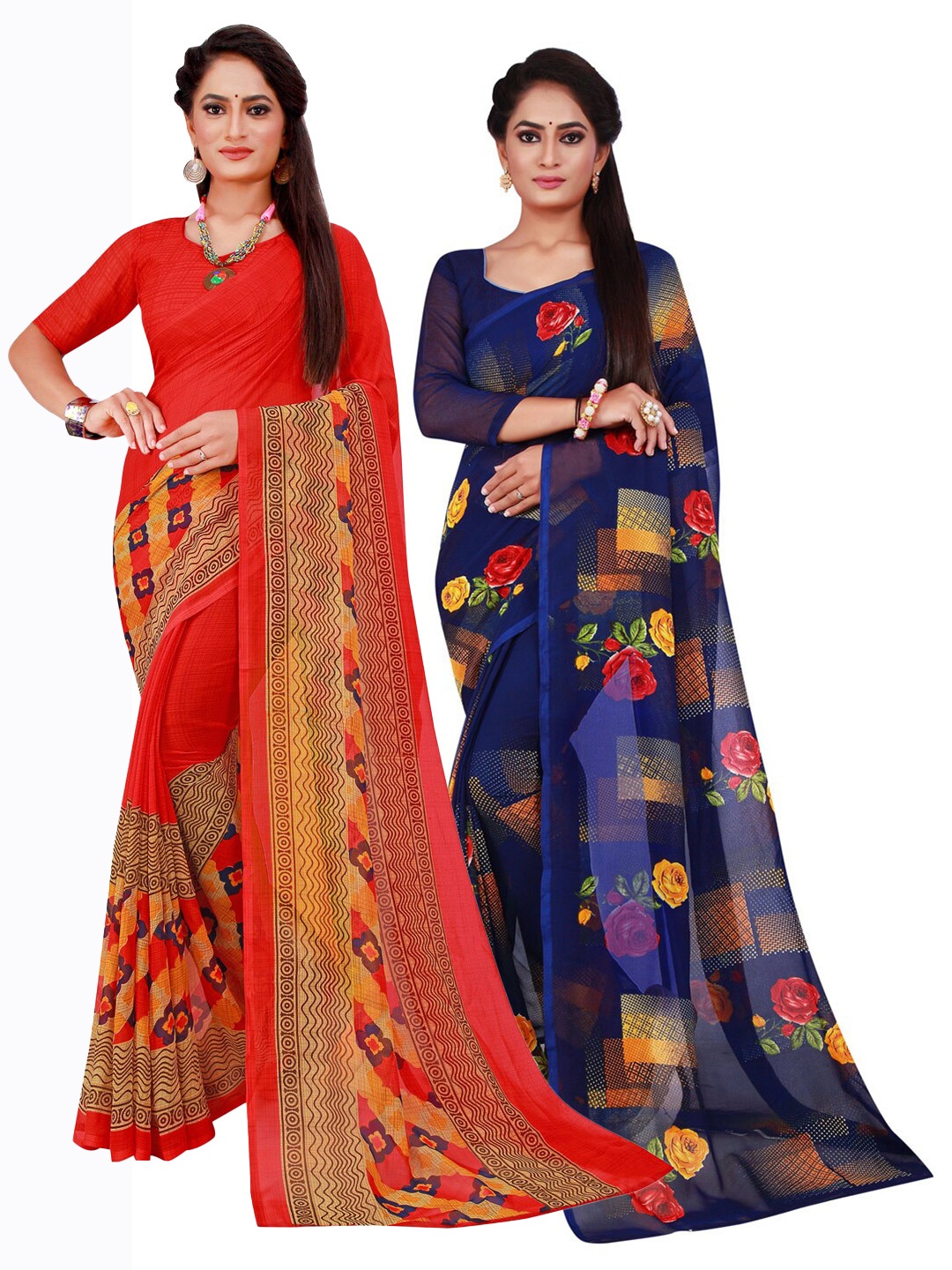 

SAADHVI Red & Navy Blue Printed Pure Georgette Saree Pack Of 2