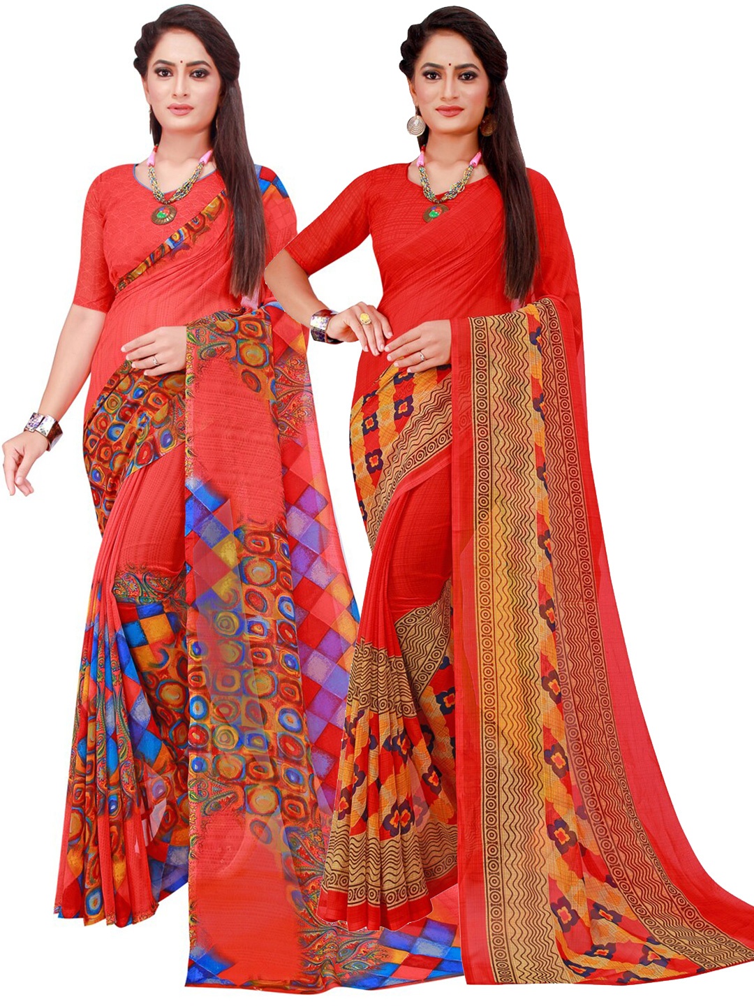 

SAADHVI Red & Pink Printed Pure Georgette Saree Pack Of 2