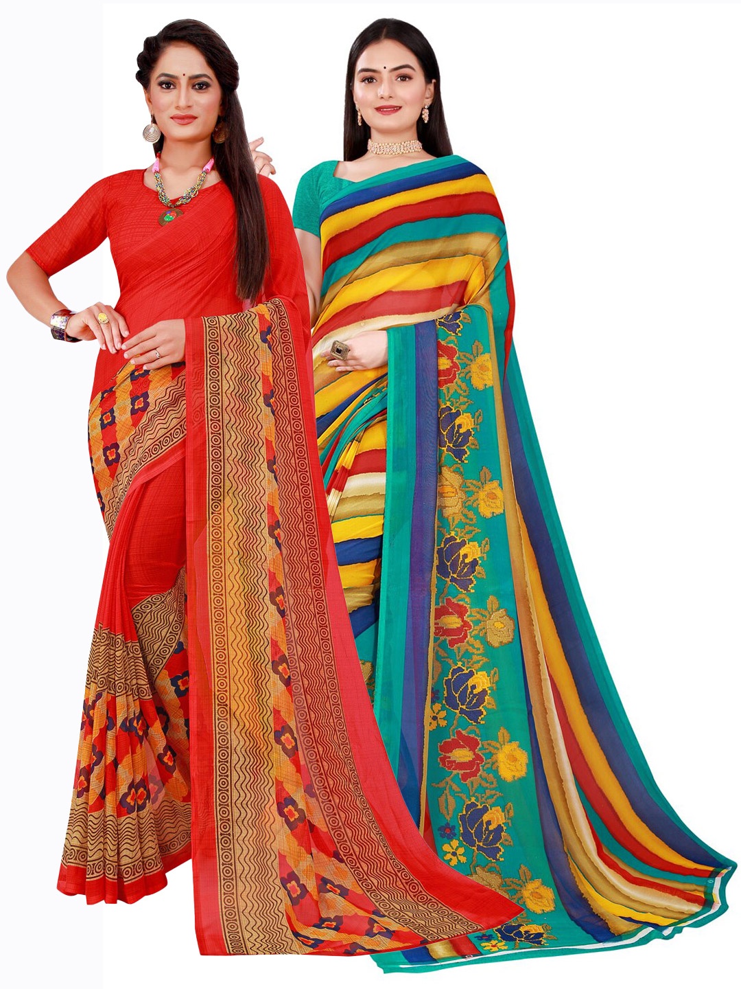 

SAADHVI Red & Blue Printed Pure Georgette Saree Pack Of 2