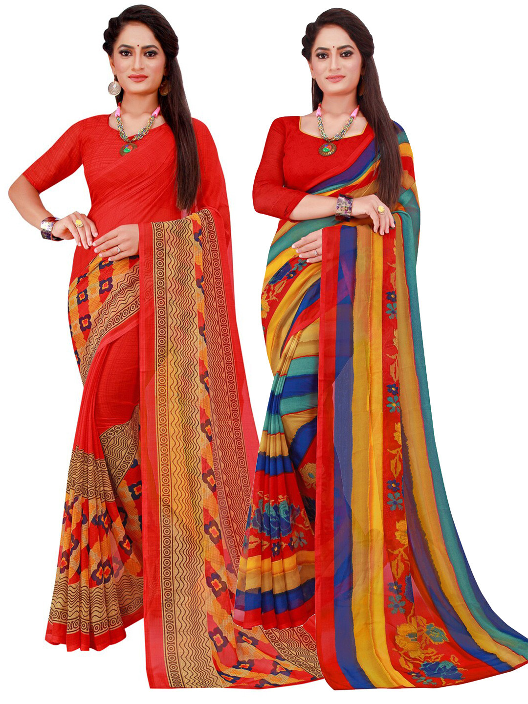 

SAADHVI Red & Yellow Set Of 2 Floral Pure Georgette Saree