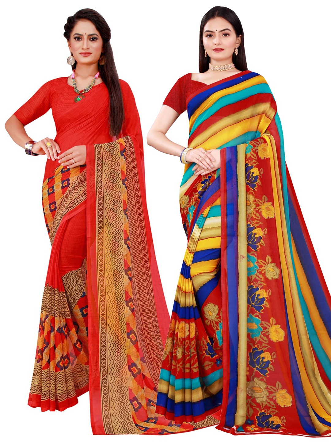

SAADHVI Red & Yellow Set of 2 Printed Pure Georgette Saree