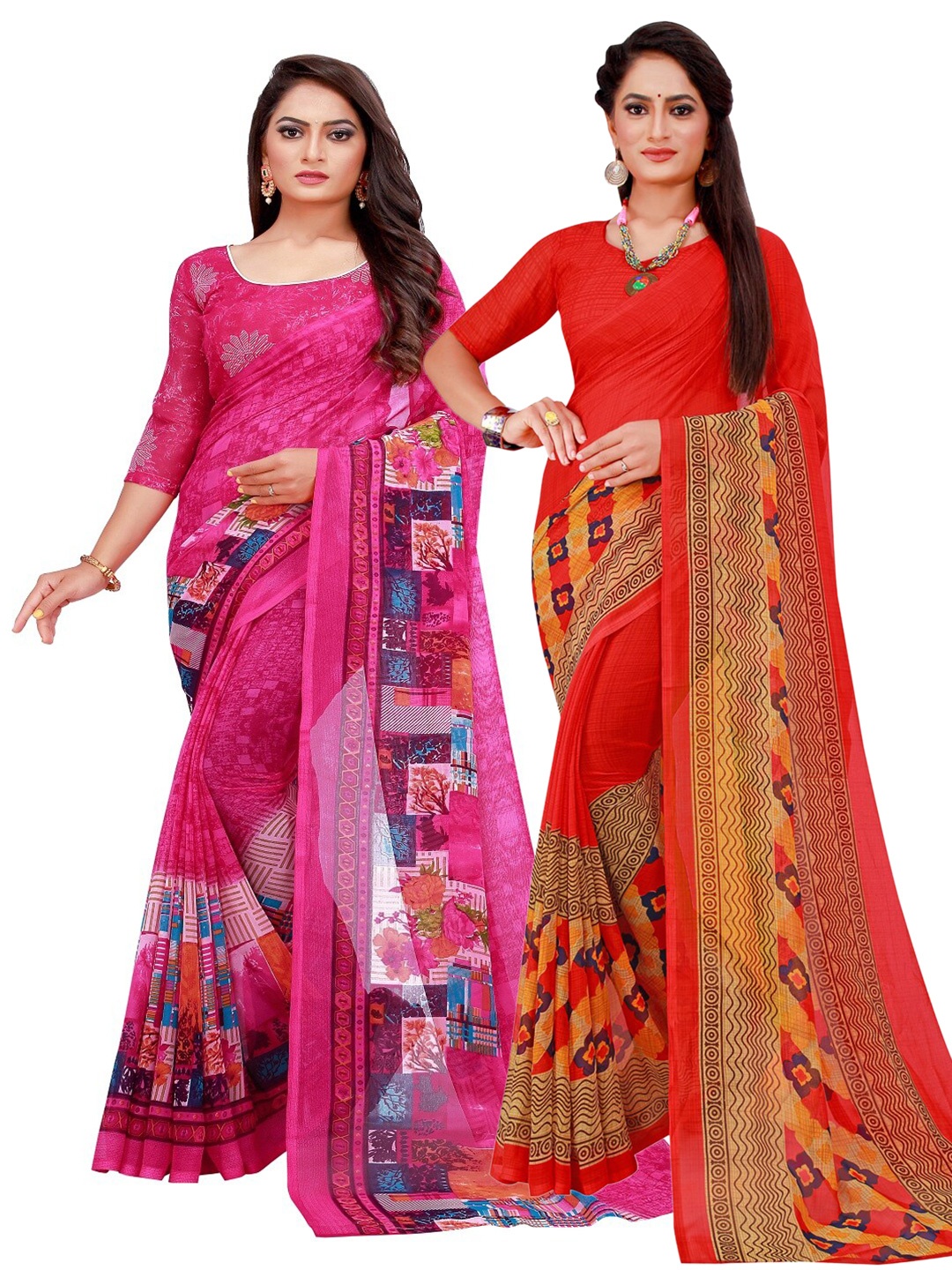

SAADHVI Magenta & Red Printed Pure Georgette Saree Pack Of 2