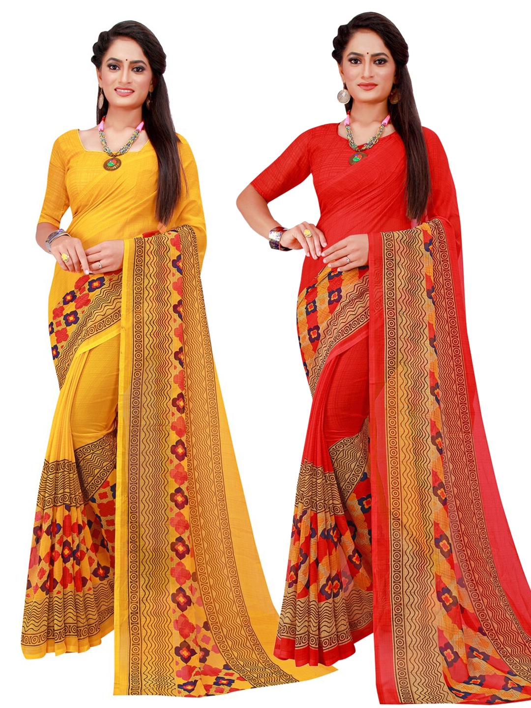 

SAADHVI Yellow & Red Printed Pure Georgette Saree Pack Of 2