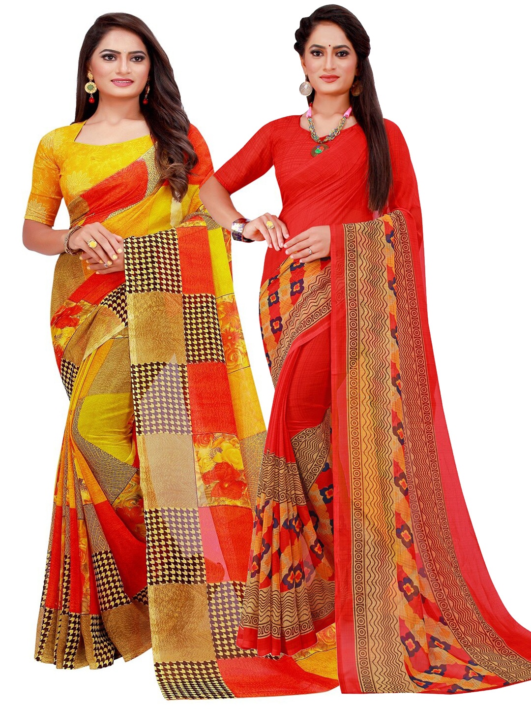 

SAADHVI Red & Yellow Printed Pure Georgette Saree Pack Of 2