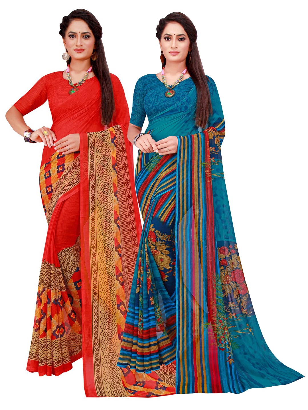 

SAADHVI Red & Blue Printed Pure Georgette Saree Pack Of 2