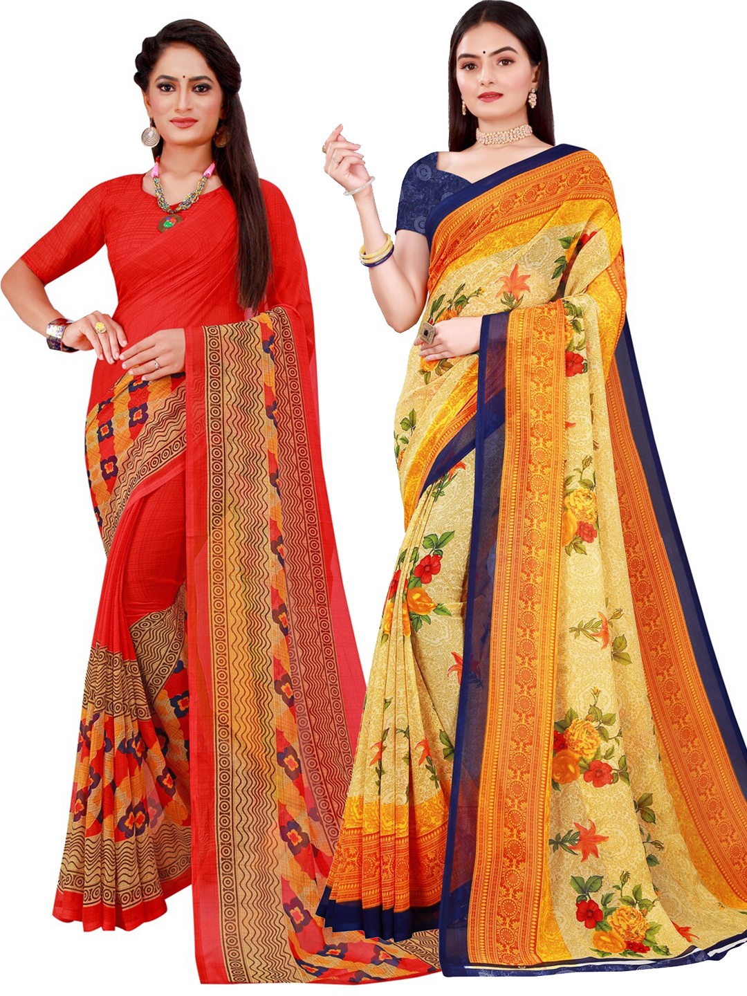 

SAADHVI Beige & Red Set Of 2 Pure Georgette Saree