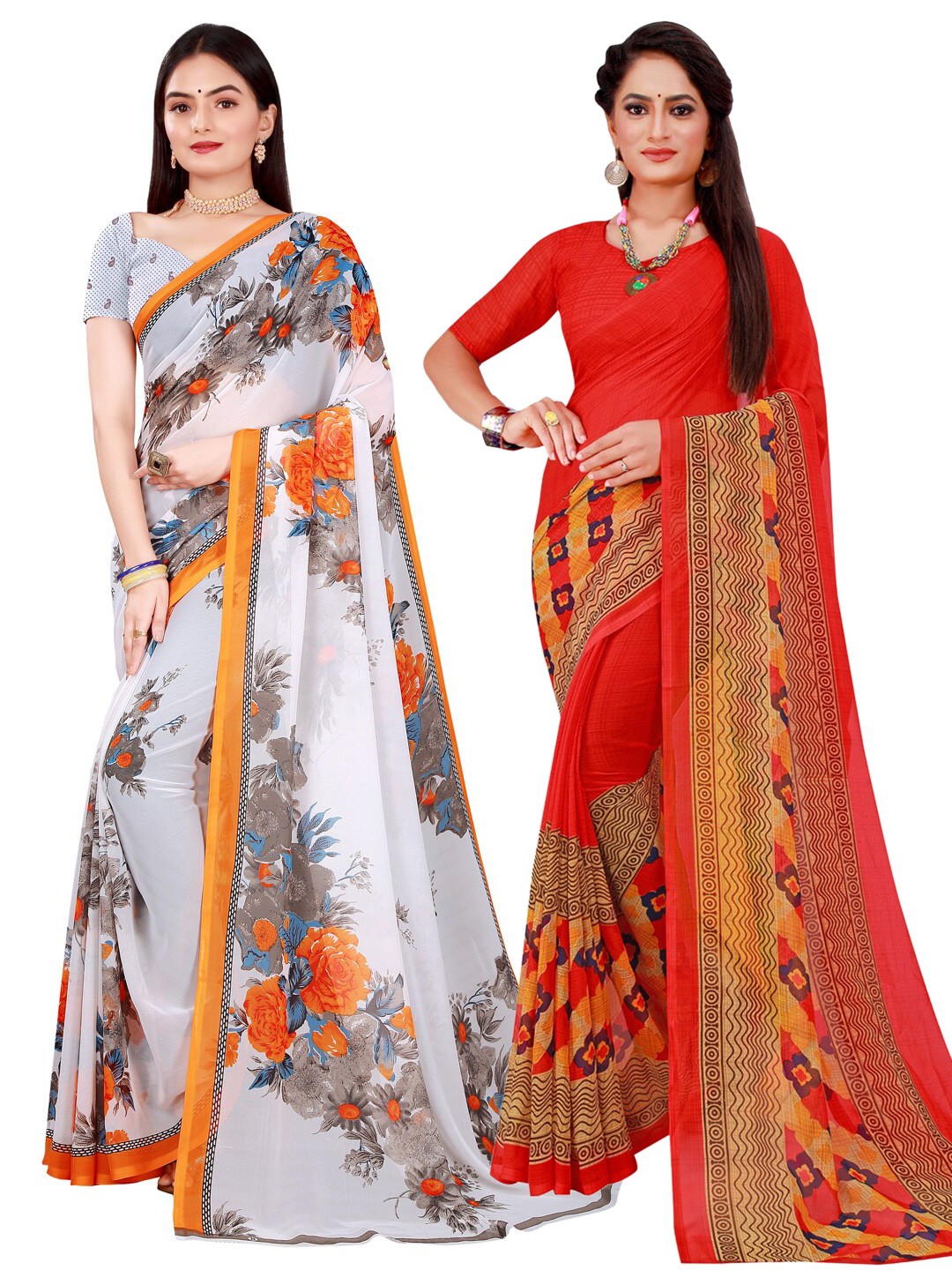 

SAADHVI Red & White Pack of 2 Pure Georgette Saree