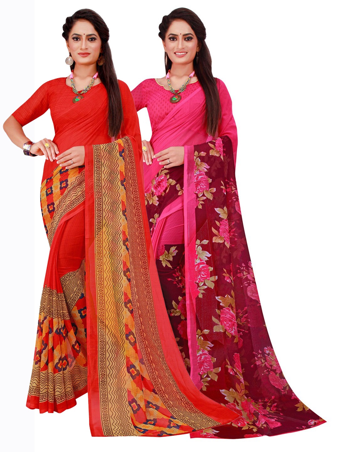 

SAADHVI Red & Magenta Set Of 2 Pure Georgette Saree