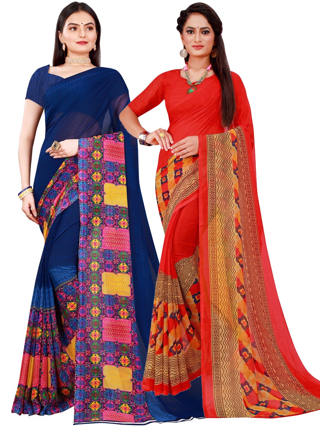 

SAADHVI Red & Navy Blue Pack of 2 Pure Georgette Saree