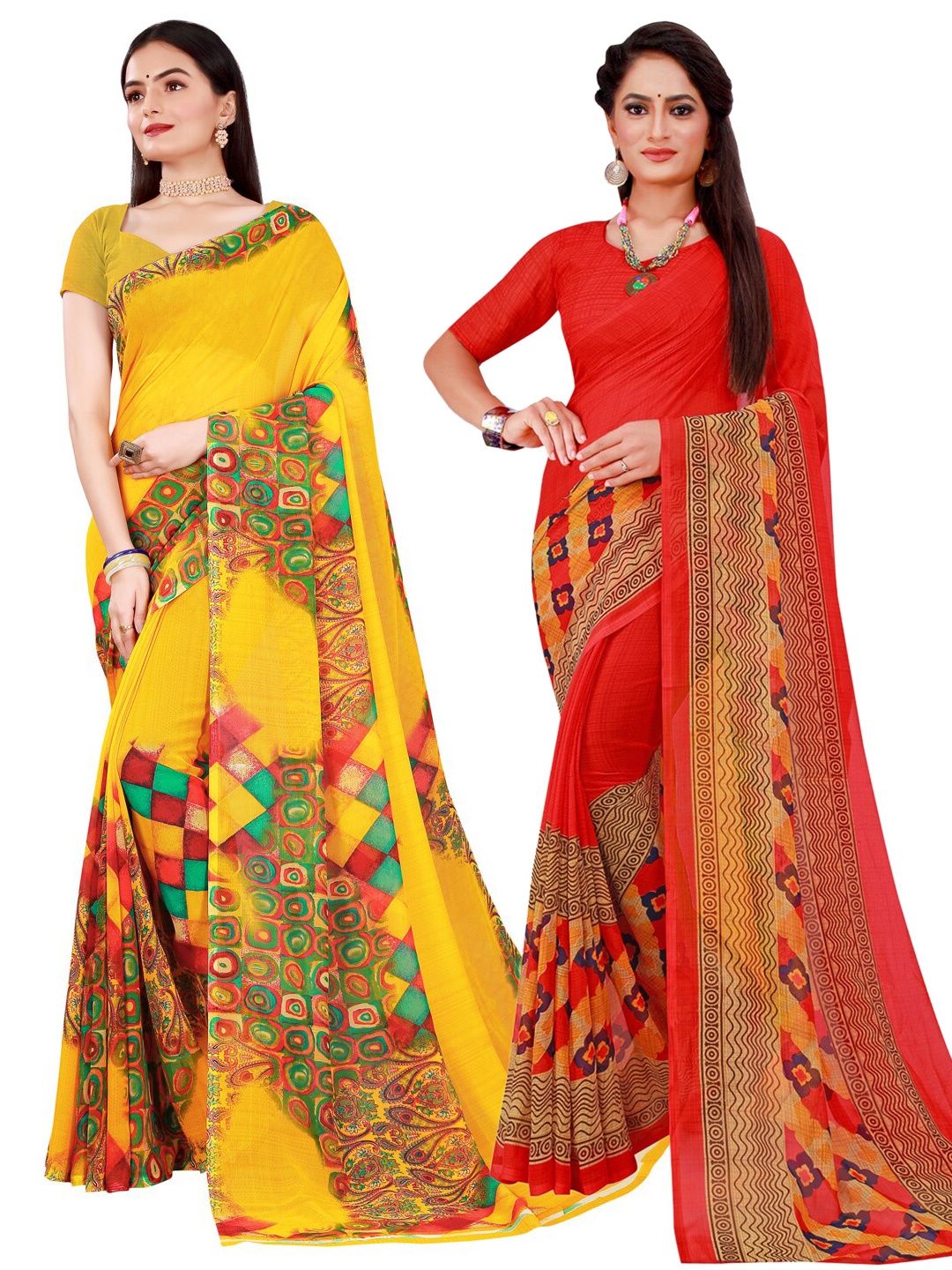 

SAADHVI Red & Yellow Set Of 2 Pure Georgette Saree