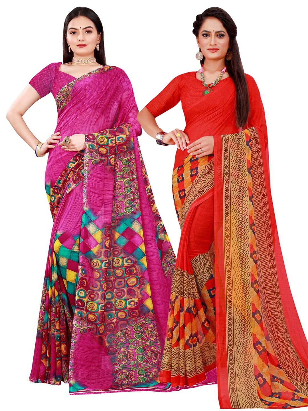 

SAADHVI Magenta & Red Set Of 2 Pure Georgette Saree