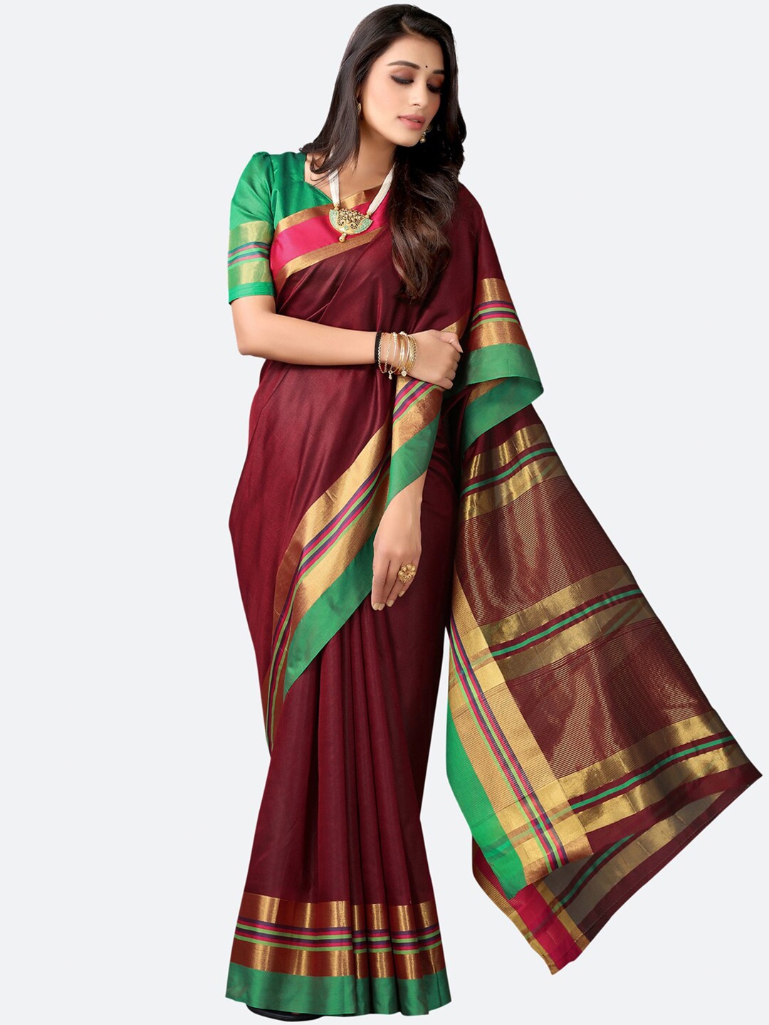 

KALINI Maroon & Golden Woven Design Zari Mangalagiri Saree