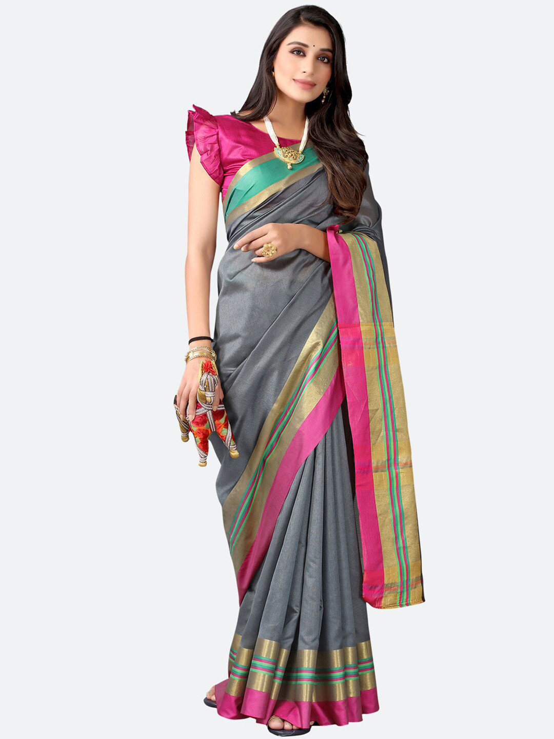 

KALINI Grey & Pink Zari Mangalagiri Saree