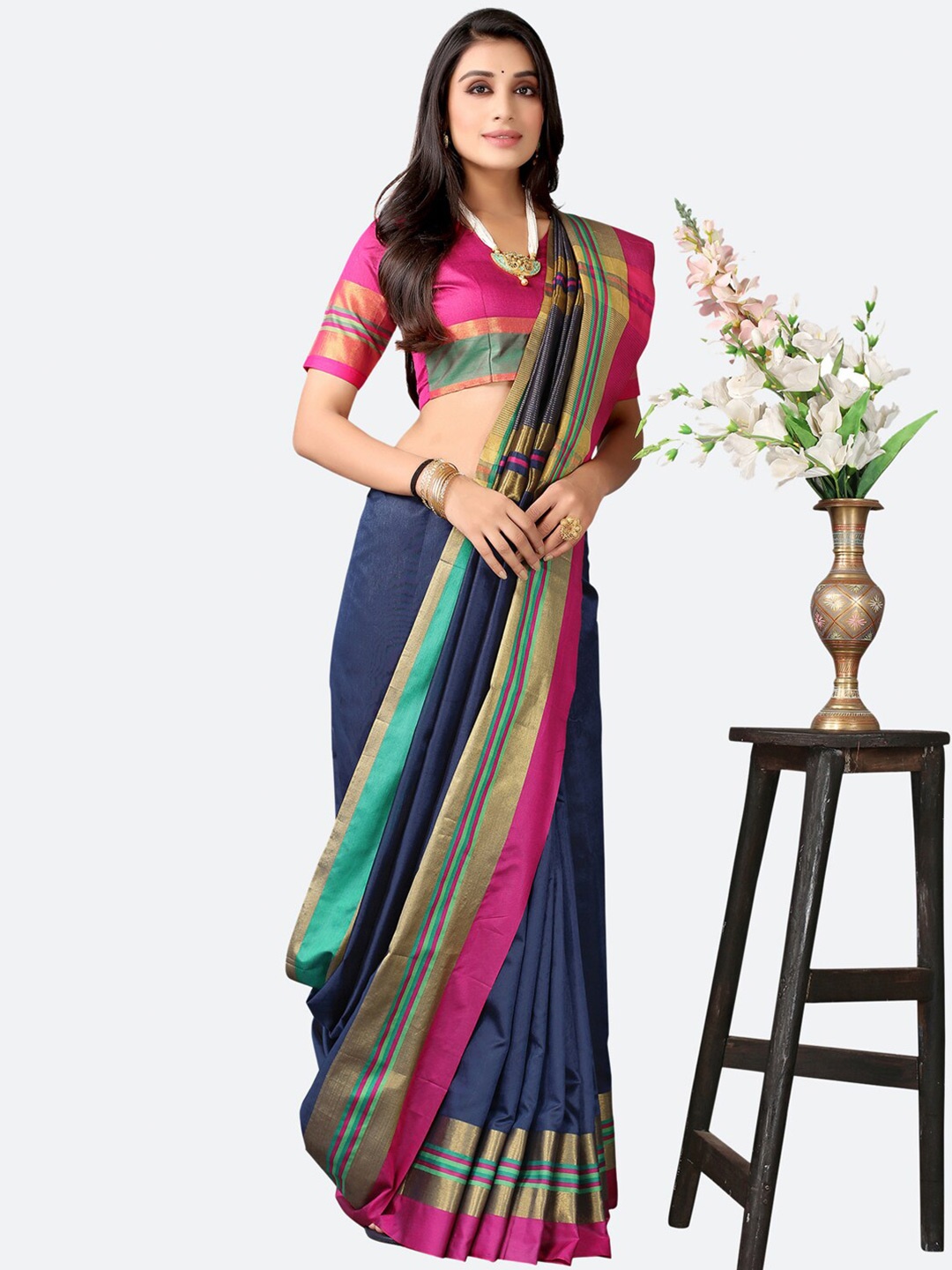 

KALINI Navy Blue & Golden Woven Design Zari Mangalagiri Saree