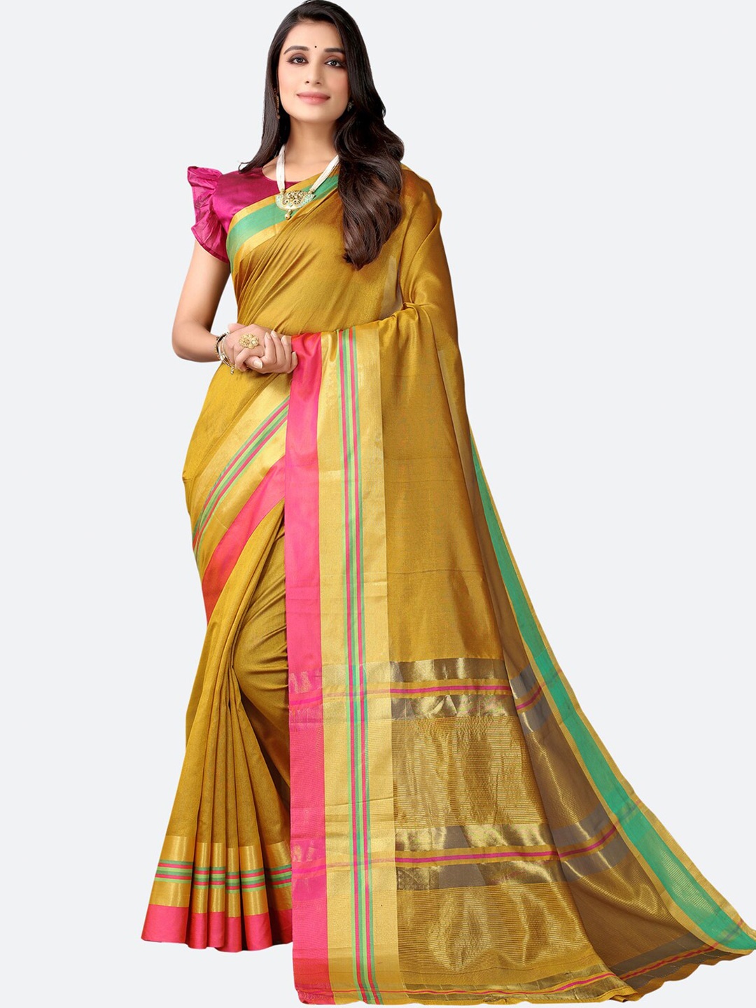 

KALINI Yellow & Gold-Toned Woven Design Zari Mangalagiri Saree