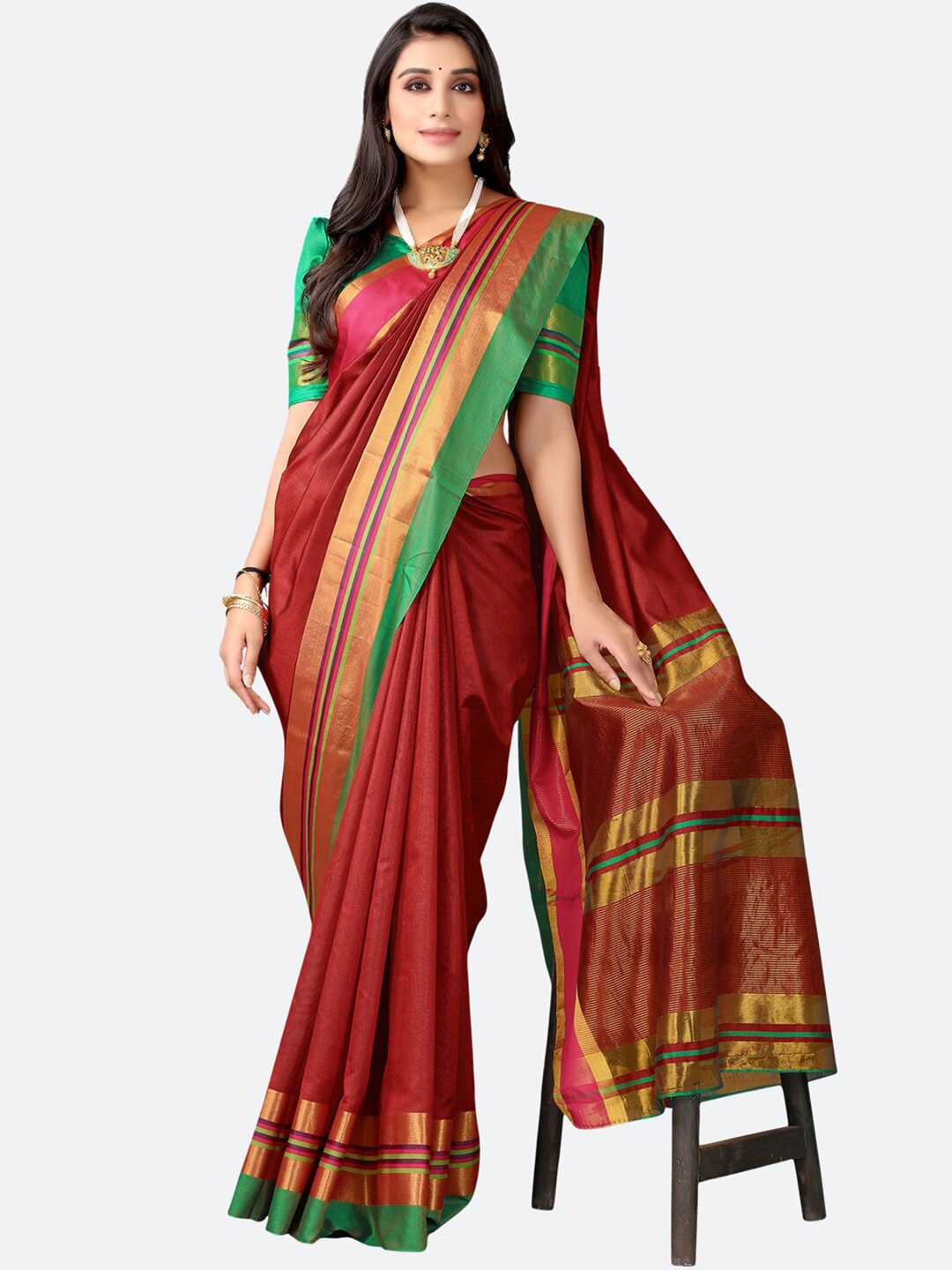 

KALINI Maroon & Green Striped Mangalagiri Saree