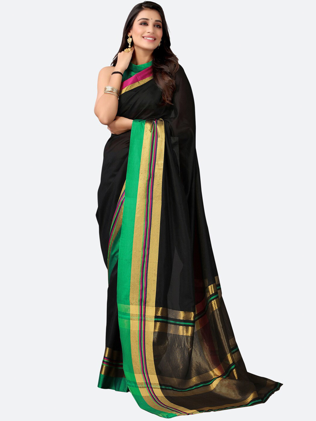 

KALINI Black & Gold-Toned Woven Design Mangalagiri Saree