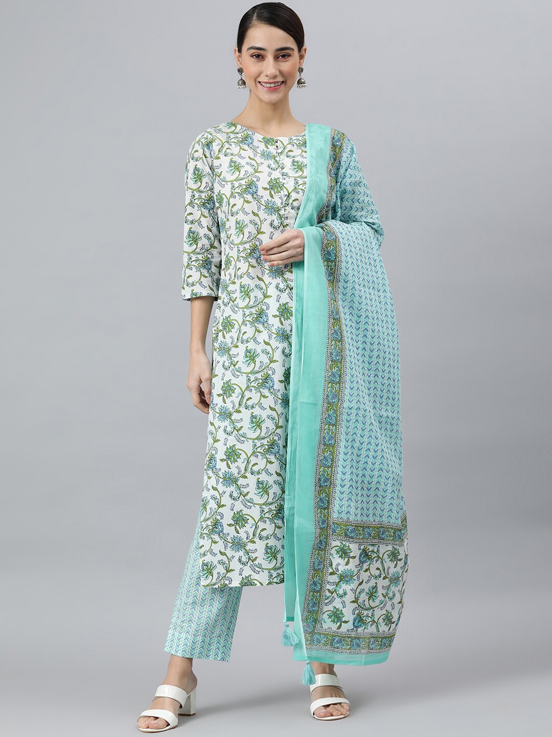 

Janasya Women White Cotton Floral Print Kurta with Pant and Dupatta