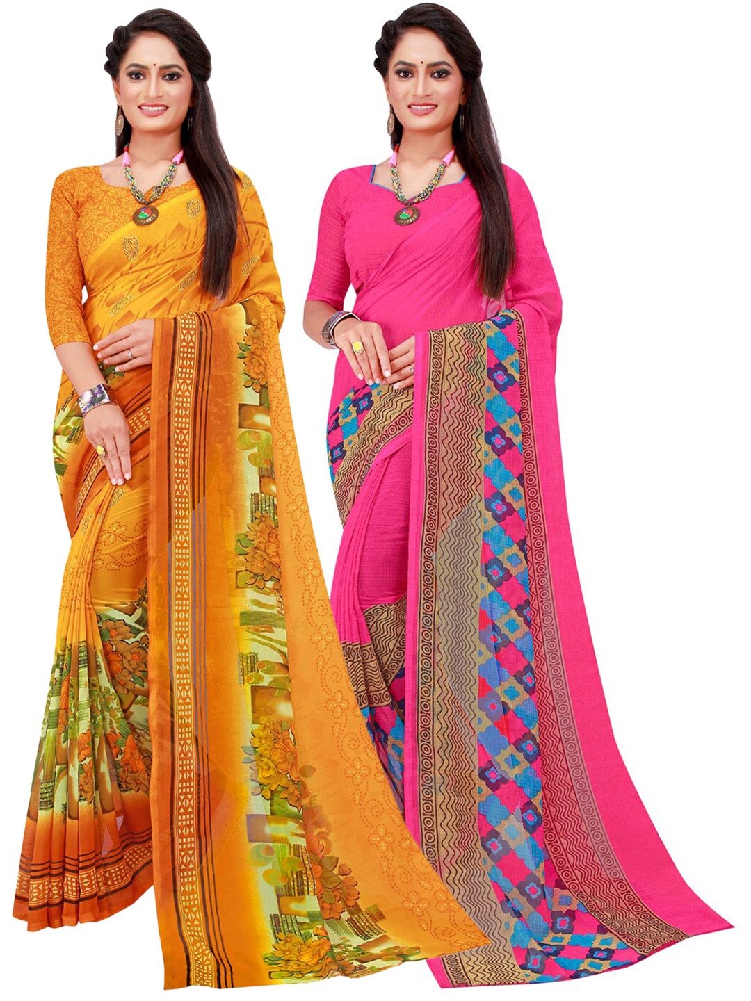 

SAADHVI Yellow & Pink Set Of 2 Floral Pure Georgette Saree