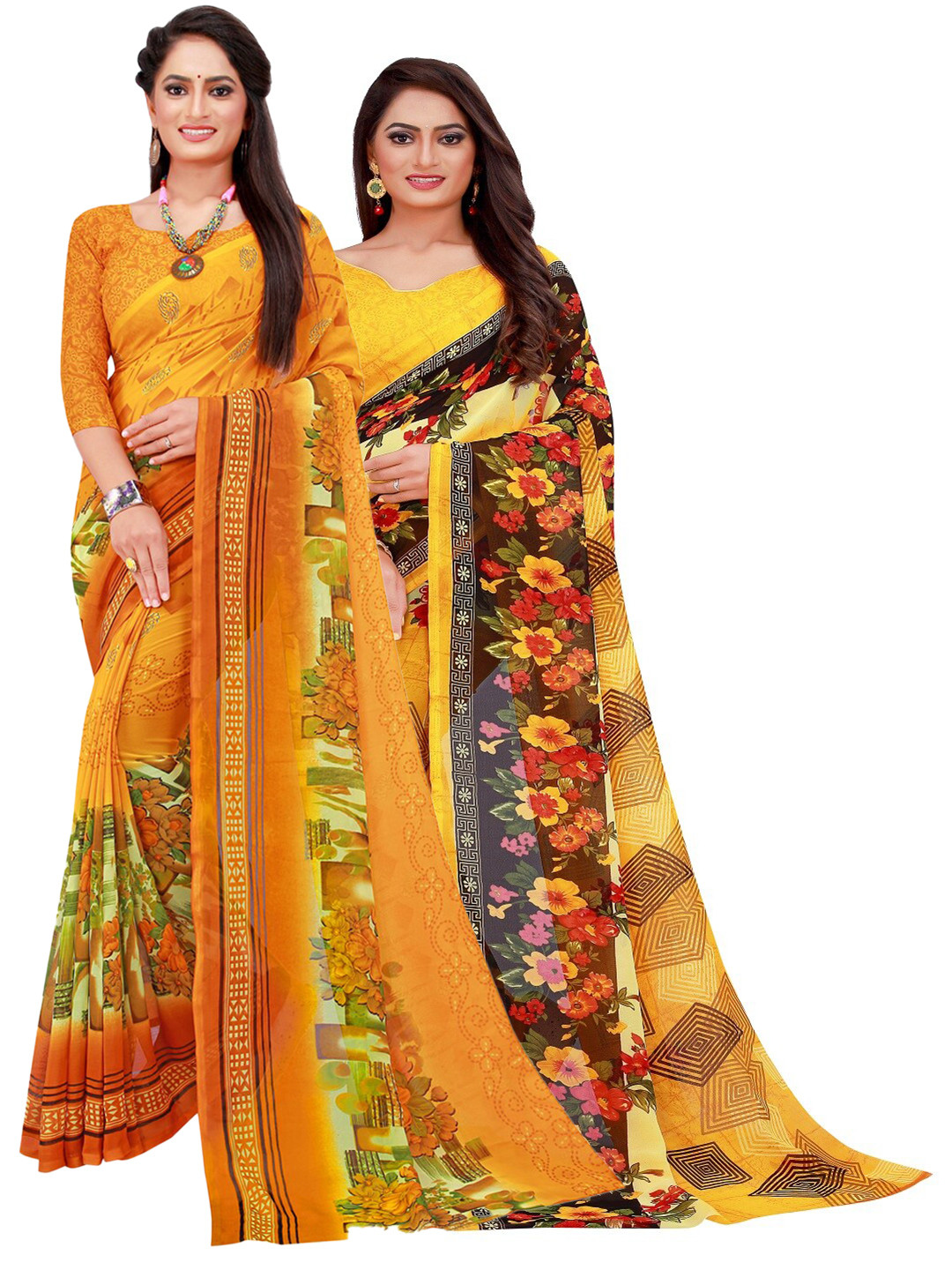 

SAADHVI Pack Of 2 Pure Georgette Sarees, Yellow