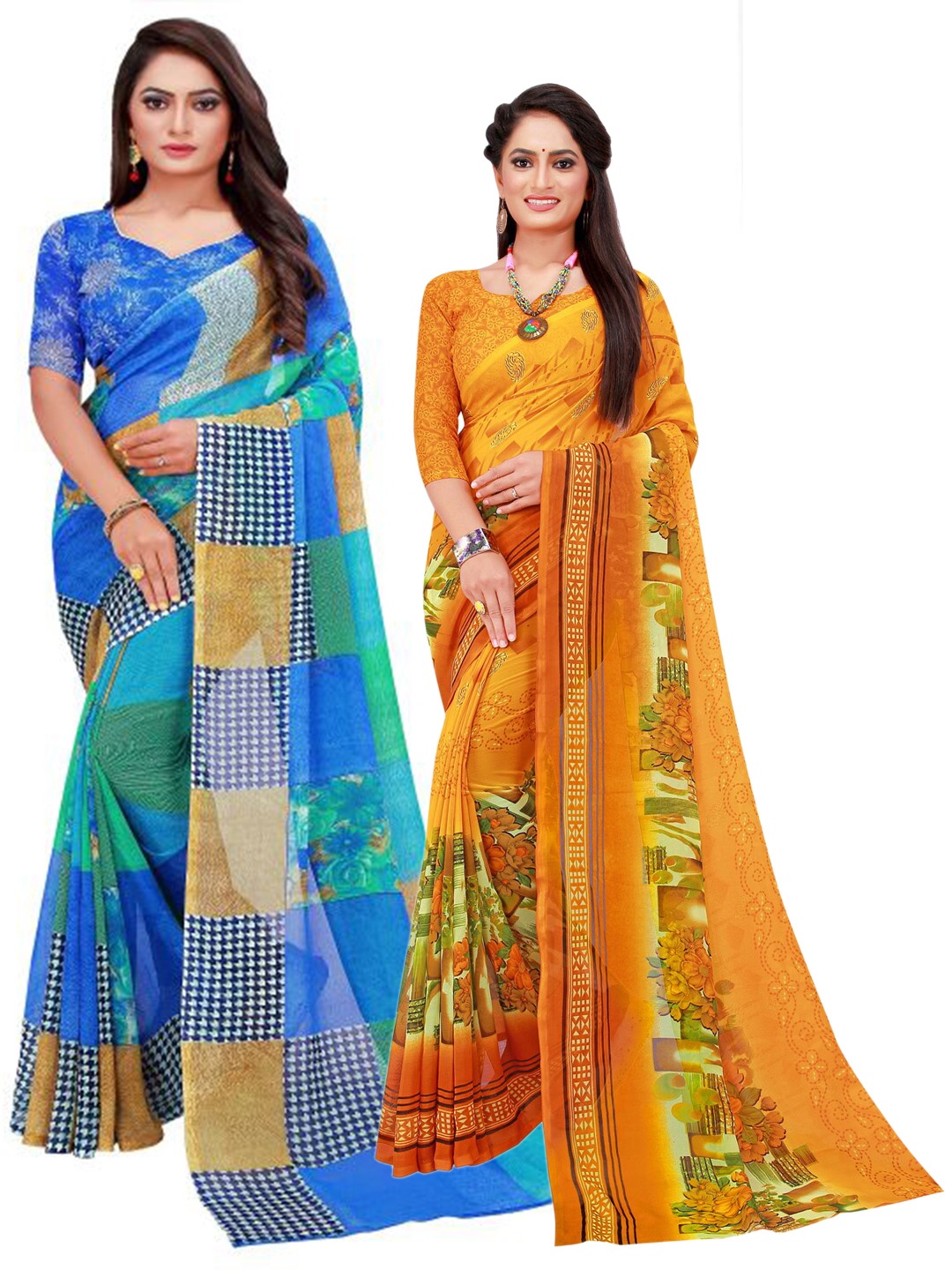 

SAADHVI Yellow & Blue Pack of 2 Pure Georgette Saree
