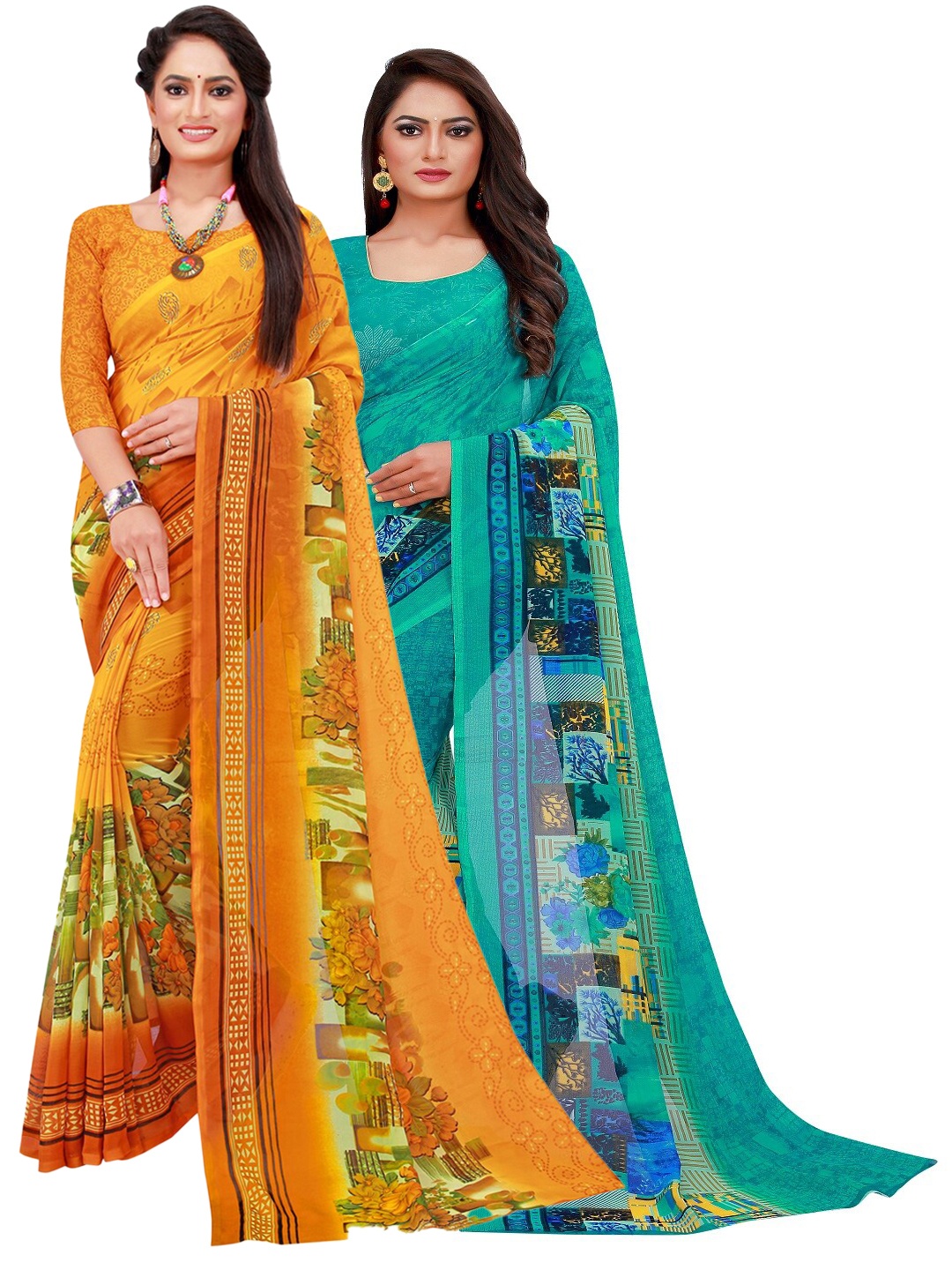 

SAADHVI Yellow & Teal Floral Pure Georgette Saree