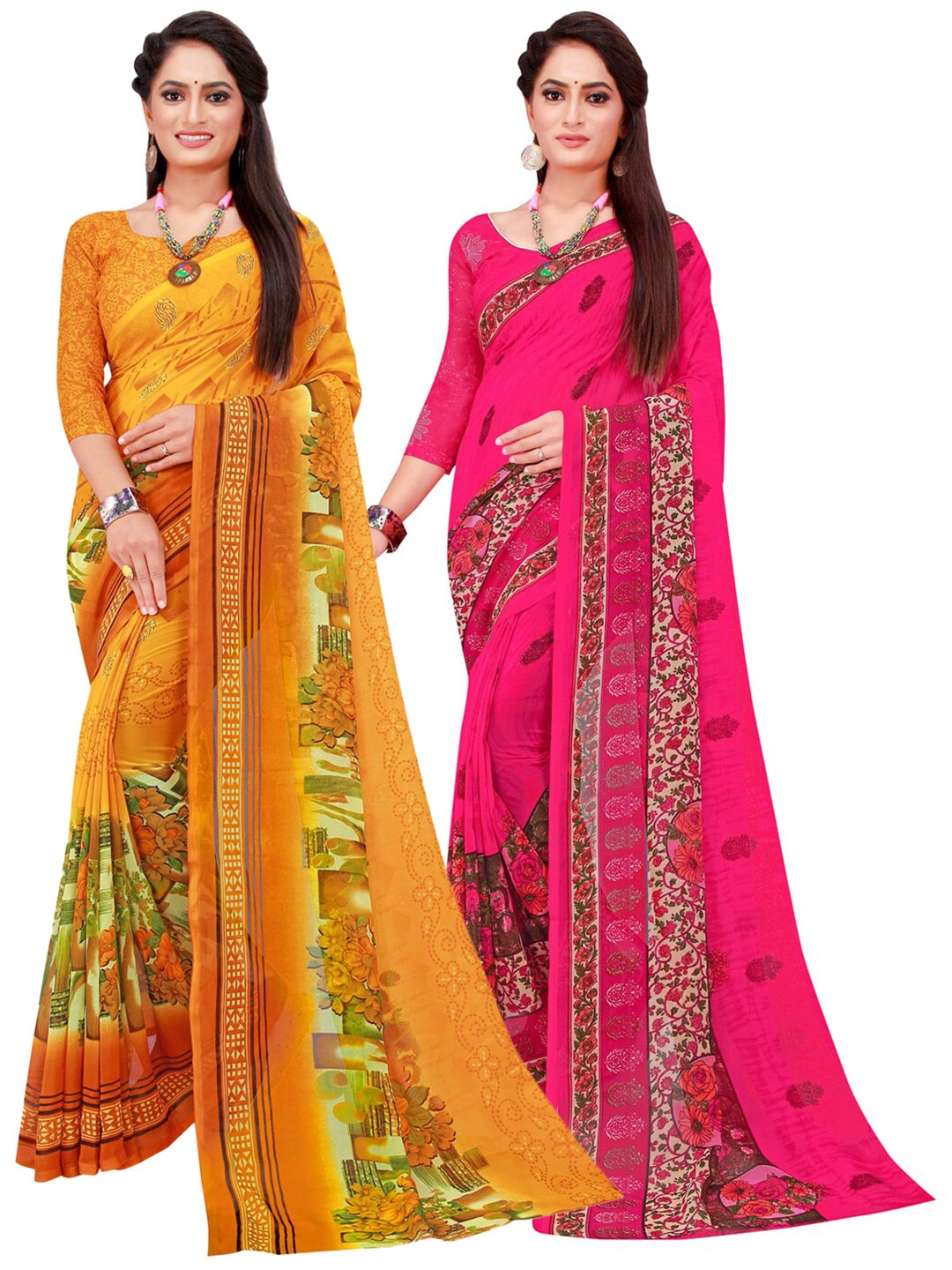 

SAADHVI Yellow & Pink Pack of 2 Floral Pure Georgette Saree