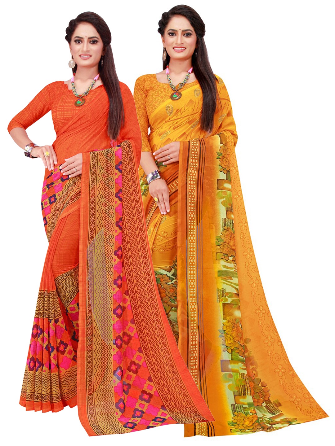 

SAADHVI Yellow & Orange Set Of 2 Pure Georgette Saree