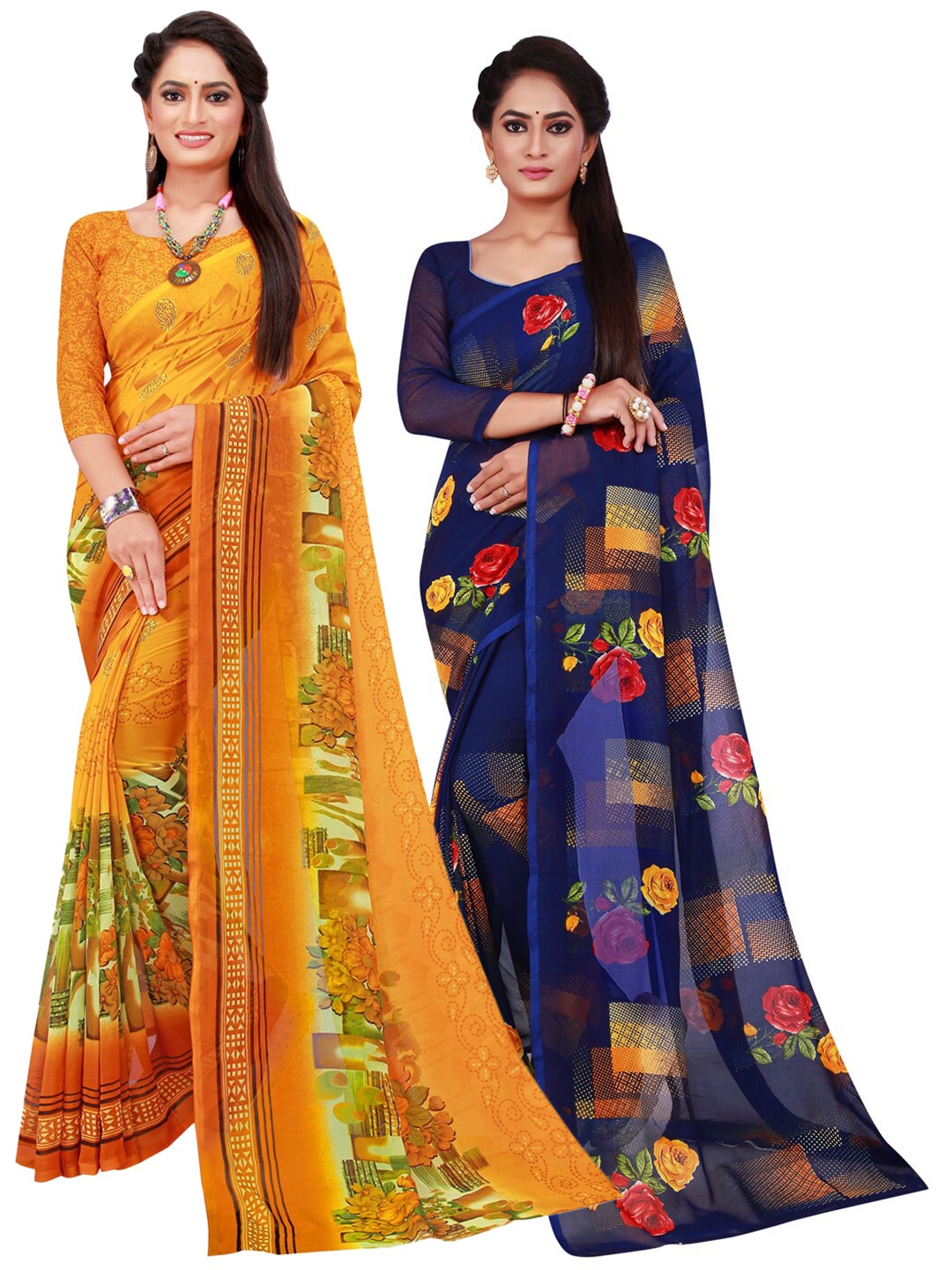 

SAADHVI Yellow & Blue Pack of 2 Pure Georgette Saree