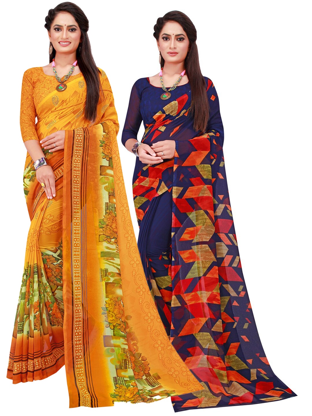 

SAADHVI Yellow & Navy Blue Set Of 2 Pure Georgette Saree