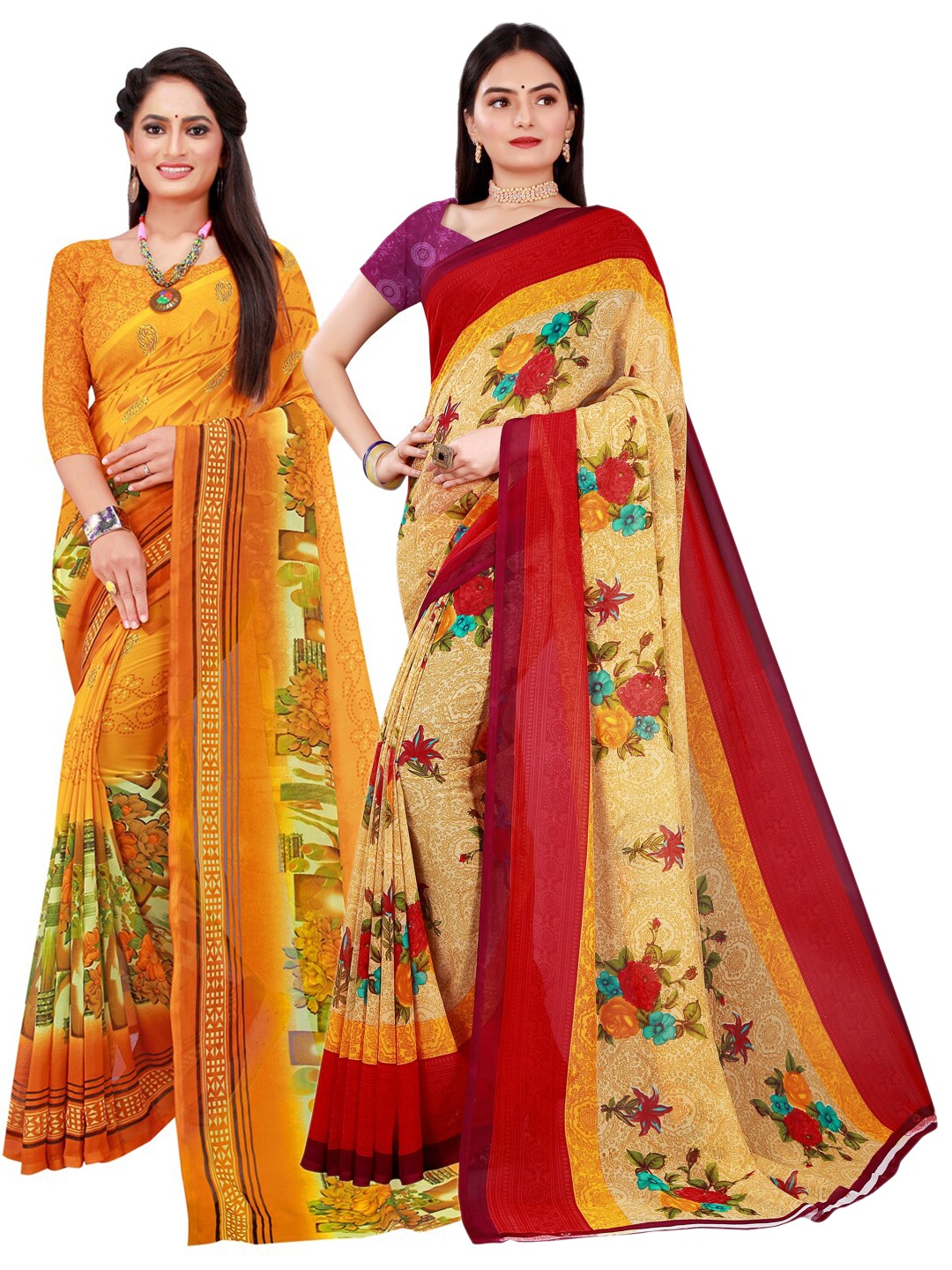 

SAADHVI Yellow & Cream-Coloured Pack of 2 Pure Georgette Saree
