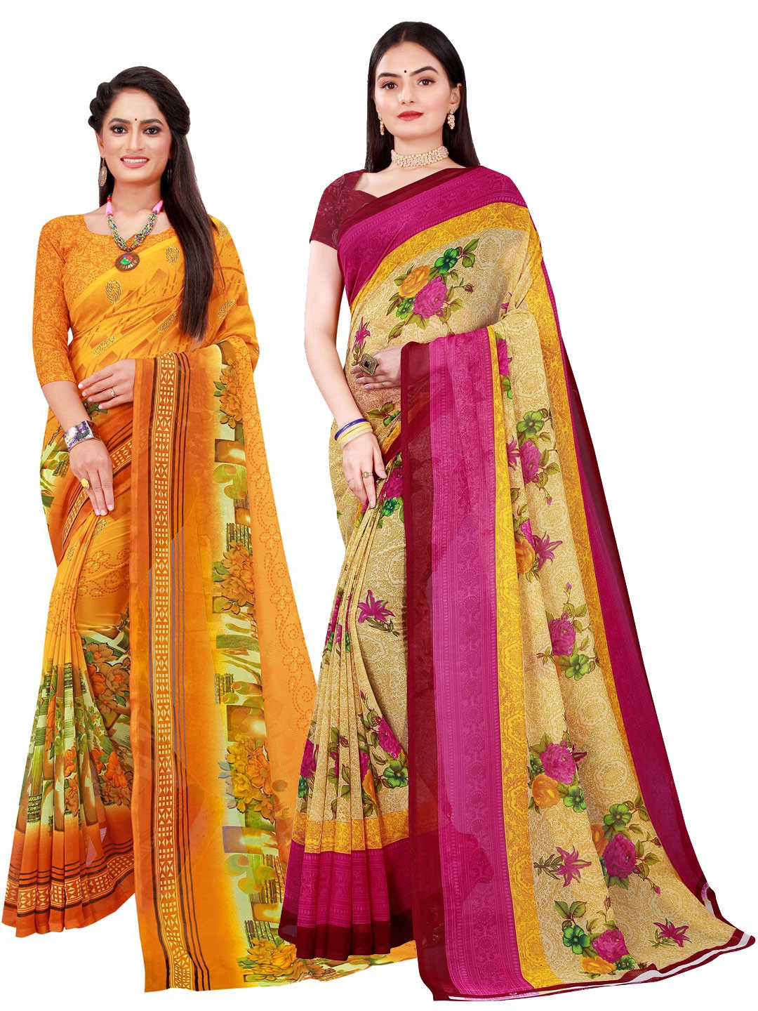 

SAADHVI Yellow & Magenta Set Of 2 Floral Pure Georgette Saree