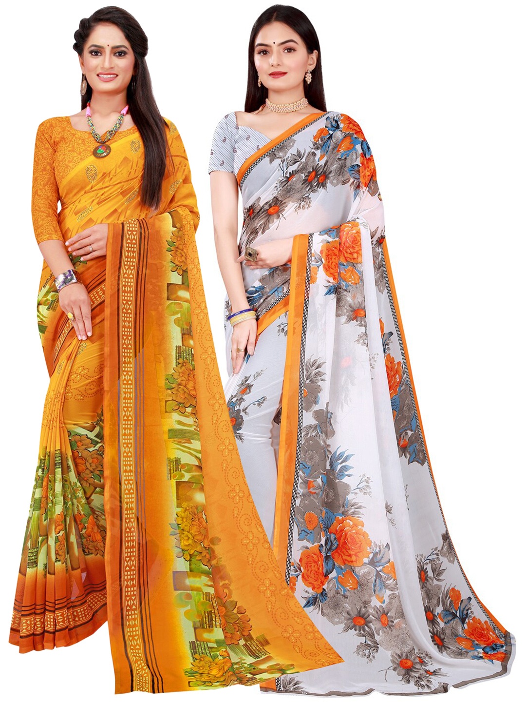 

SAADHVI Yellow & Grey Set Of 2 Floral Pure Georgette Saree