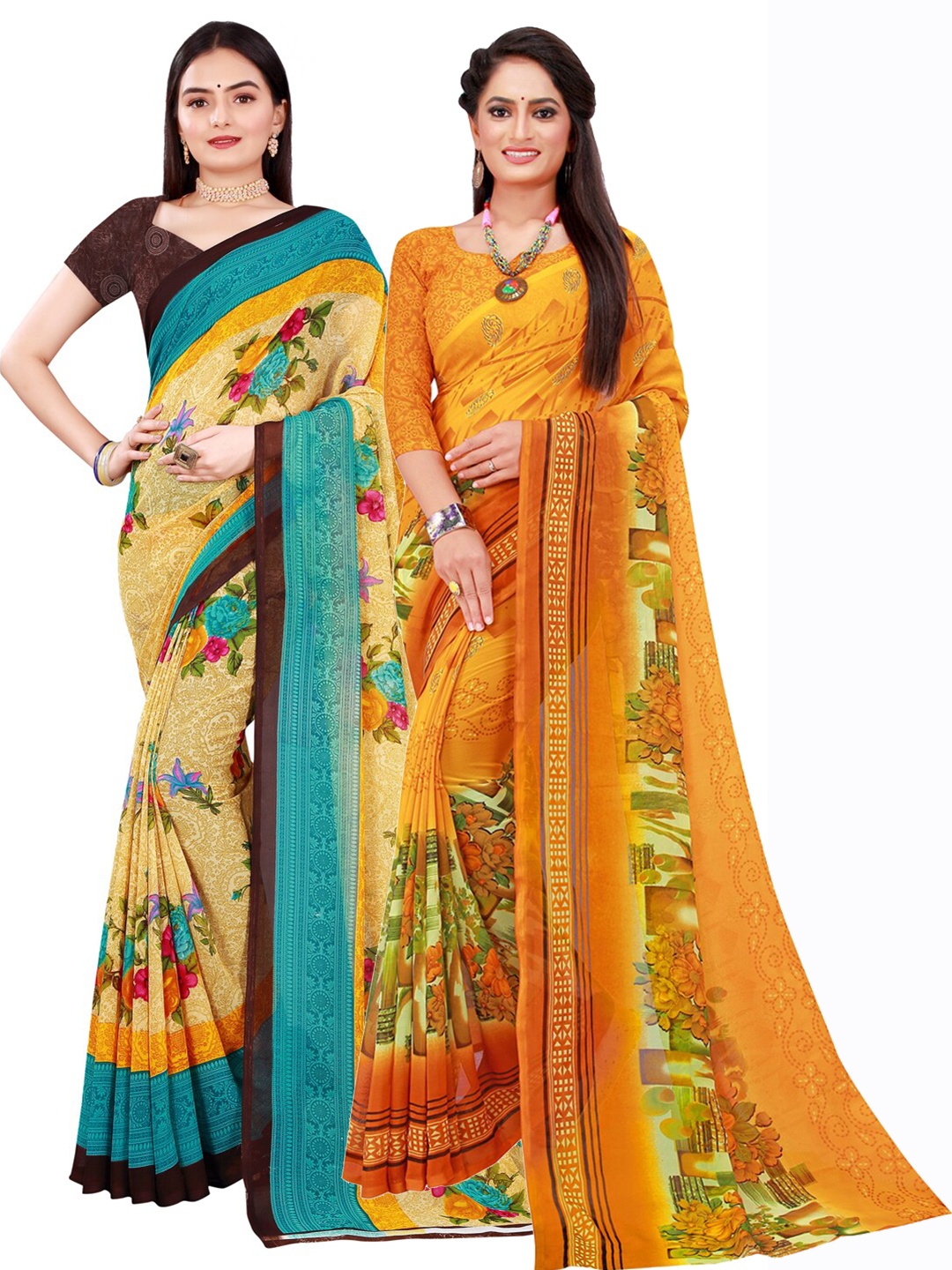 

SAADHVI Pack Of 2 Pure Georgette Sarees, Yellow