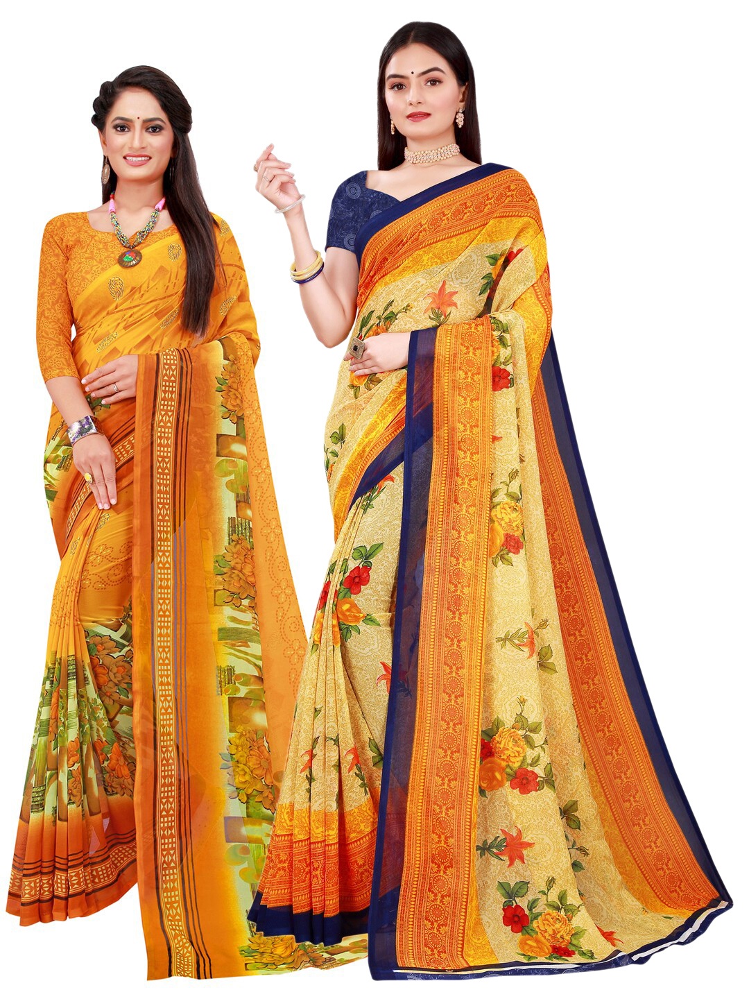 

SAADHVI Yellow & Red Pack of 2 Floral Pure Georgette Saree