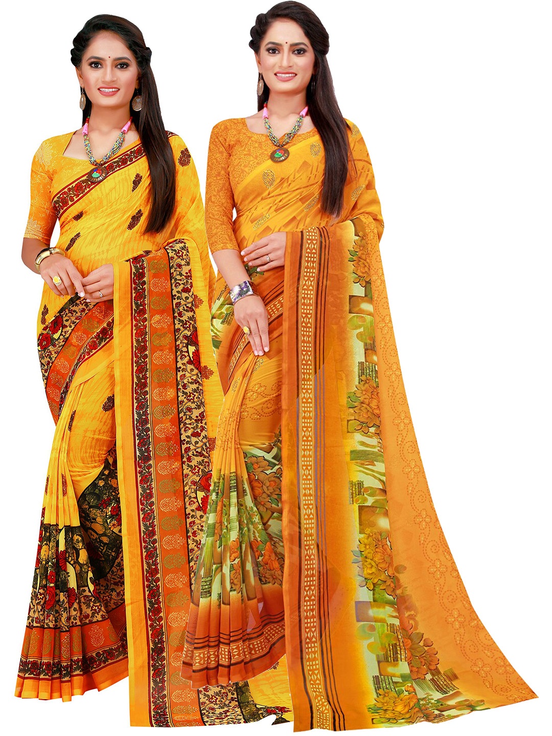 

SAADHVI Yellow & Green Set Of 2 Pure Georgette Saree