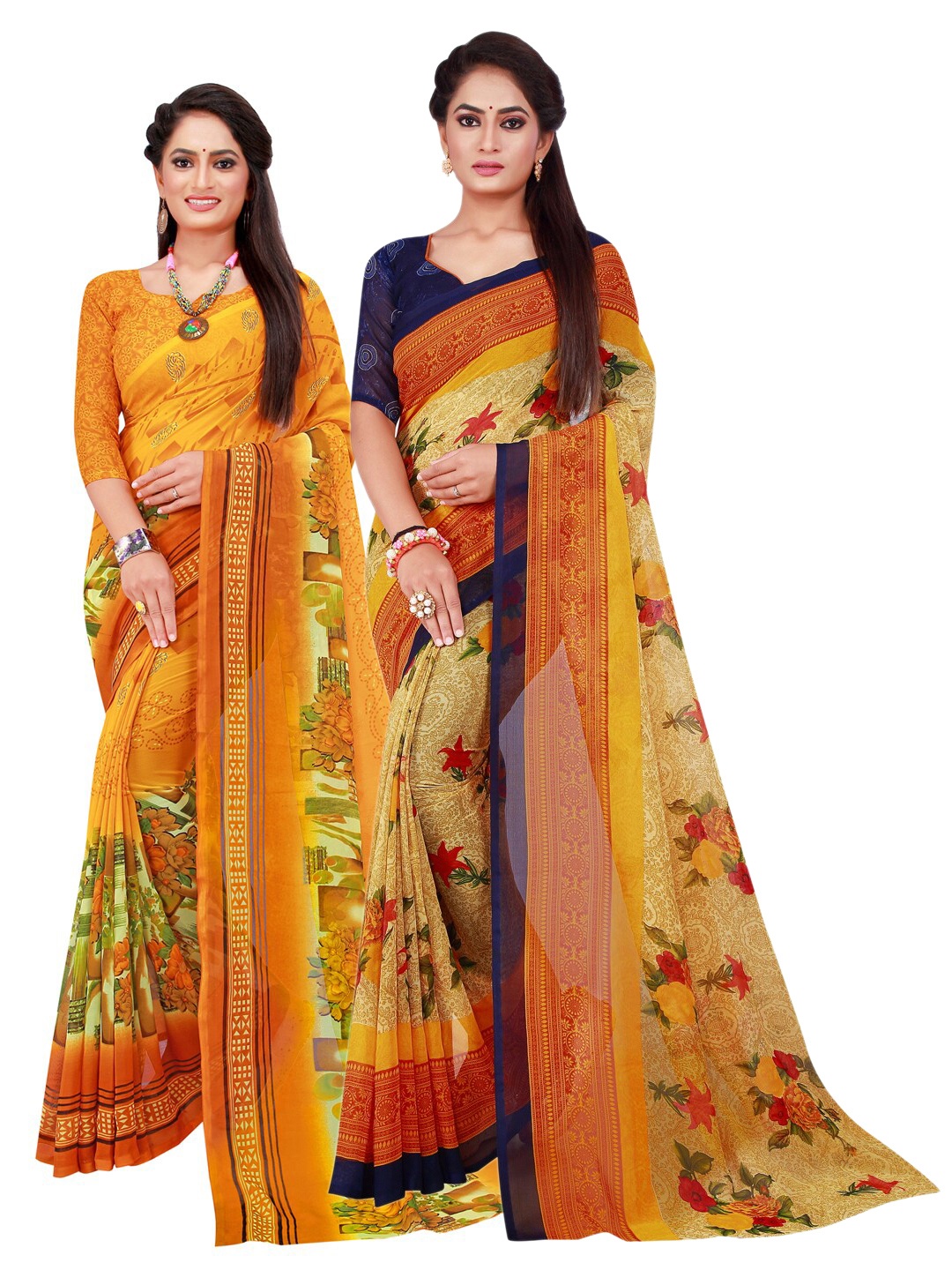 

SAADHVI Pack Of 2 Pure Georgette Sarees, Yellow