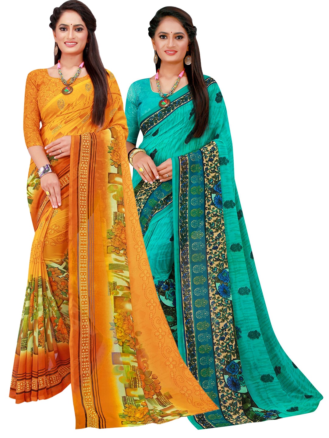 

SAADHVI Yellow & Green Pack of 2 Floral Pure Georgette Saree